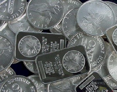 Silver bullion bars and coins